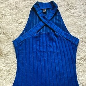 SHEIN Cobalt Blue Ribbed Crisscross Halter Tank Top